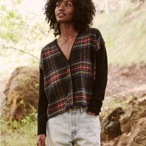 THE GREAT. THE FIRESIDE CARDIGAN PLAID SWEATER